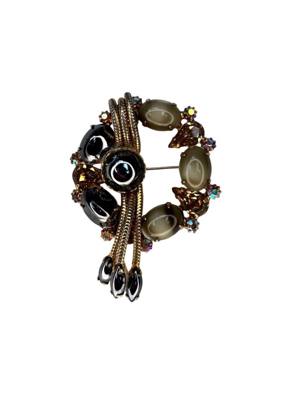 Alice Caviness Hematite Glass Crystal Brooch Gold Tone 1960s Vintage